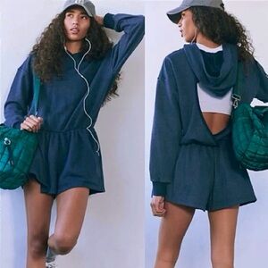 FREE PEOPLE Such A Flirt Romper hooded sweatshirt Midnight Navy size Medium NWOT